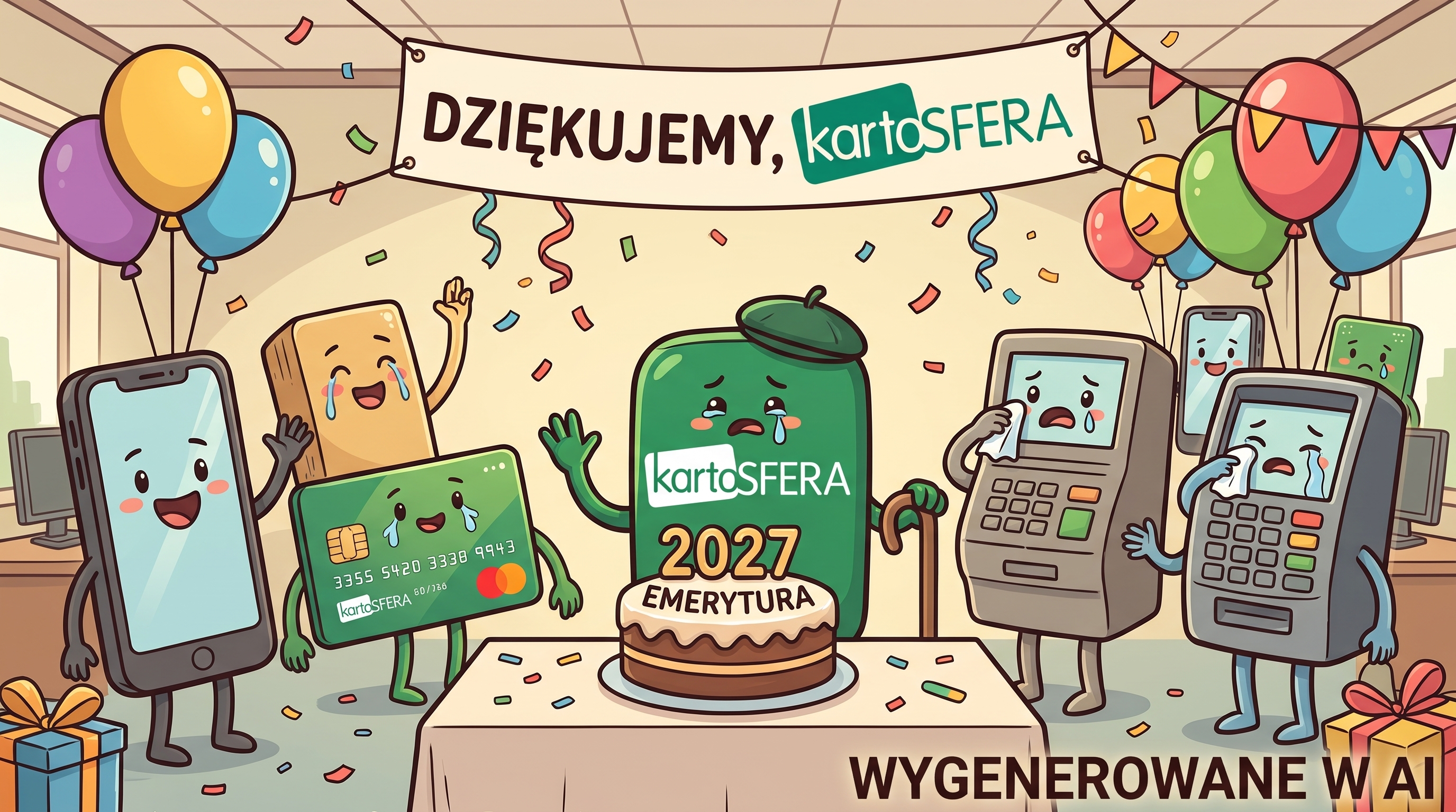 Rysunkowa ilustracja pożegnania serwisu Kartosfera: antropomorficzne karty, smartfon i terminale płatnicze żegnają ze wzruszeniem zieloną postać Kartosfery odchodzącą na emeryturę w 2027 roku.